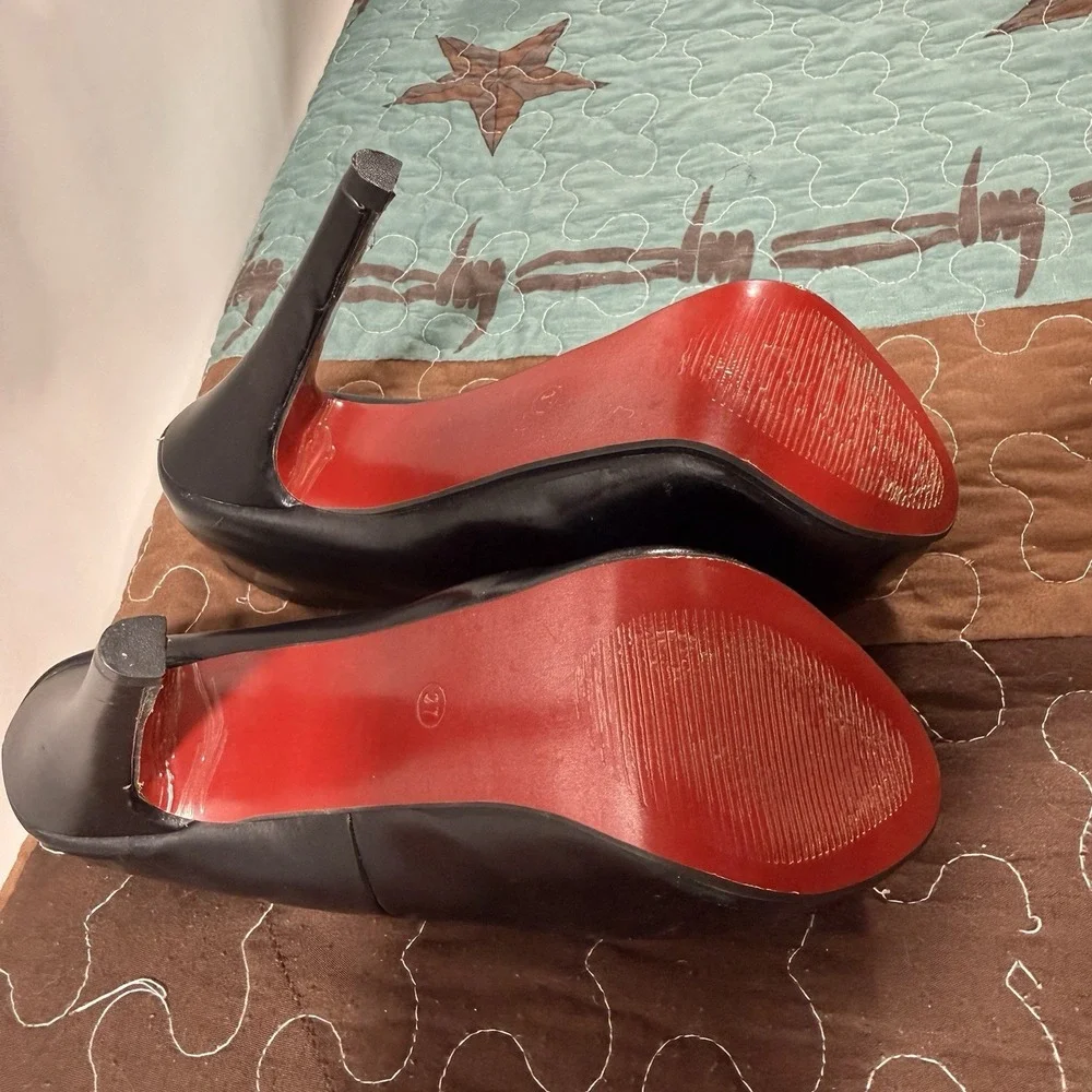 Black Leather Peep Toe Heels Red Accent Insole Platform Pumps Stiletto Shoes 37